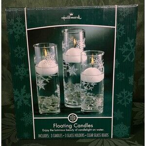 Hallmark Set 3 Glass Candle Holders Floating Candles Glass Beads Christmas NEW